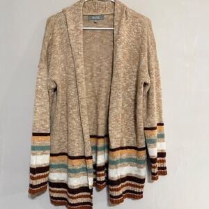Marled Anthropologie Women Knit Cardigan Size M Tan Multicolor Stripe Open Front